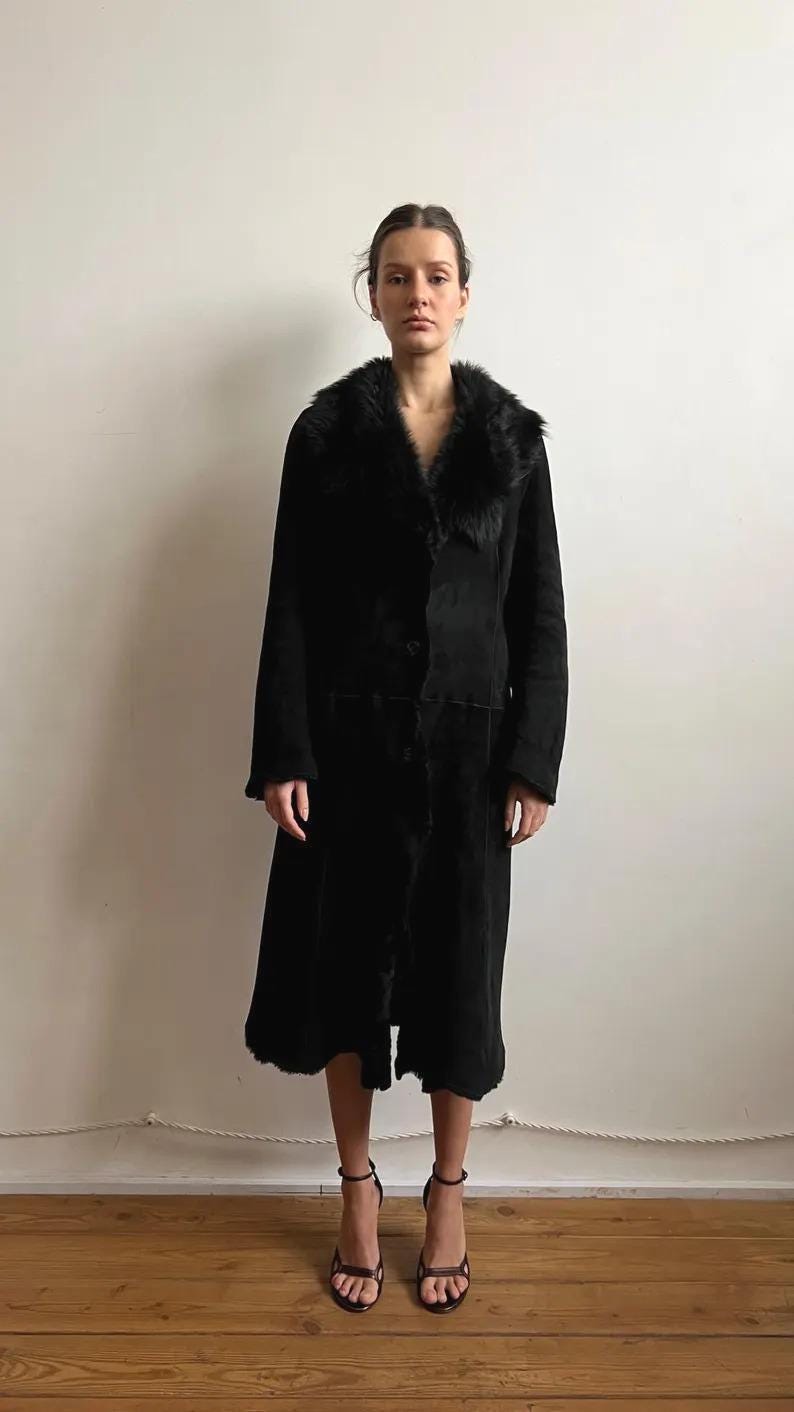 Vintage Black Suede Shearling Coat: Fox Fur Collar, 70s Afghan Style
