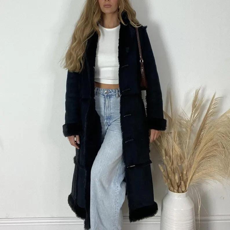 Vintage 70s Shearling Penny Lane Coat: Genuine Suede Leather, Boho Afghan Style