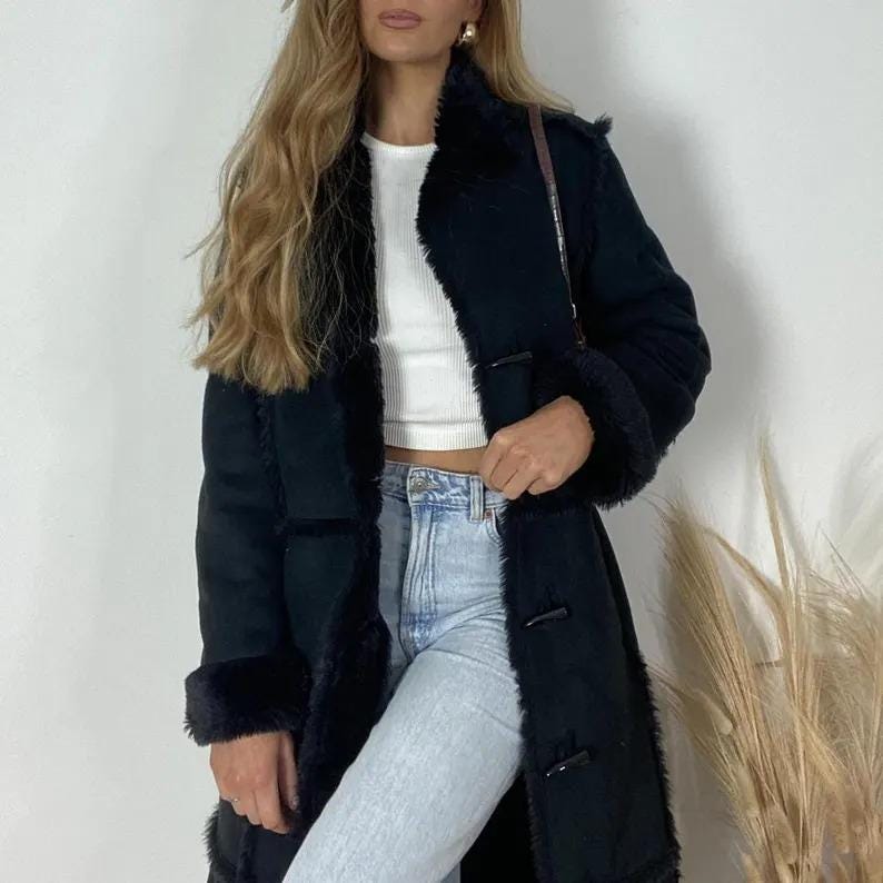 Vintage 70s Shearling Penny Lane Coat: Genuine Suede Leather, Boho Afghan Style