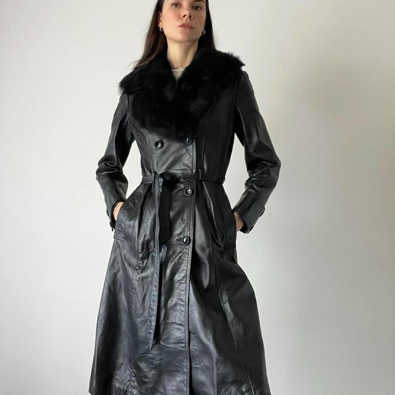 Handmade Sheepskin Leather Trench Coat: Fox Fur Collar, 70s Style