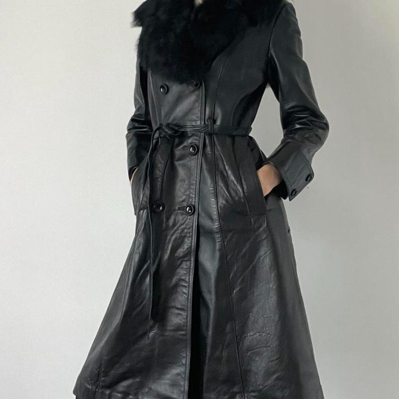 Handmade Sheepskin Leather Trench Coat: Fox Fur Collar, 70s Style