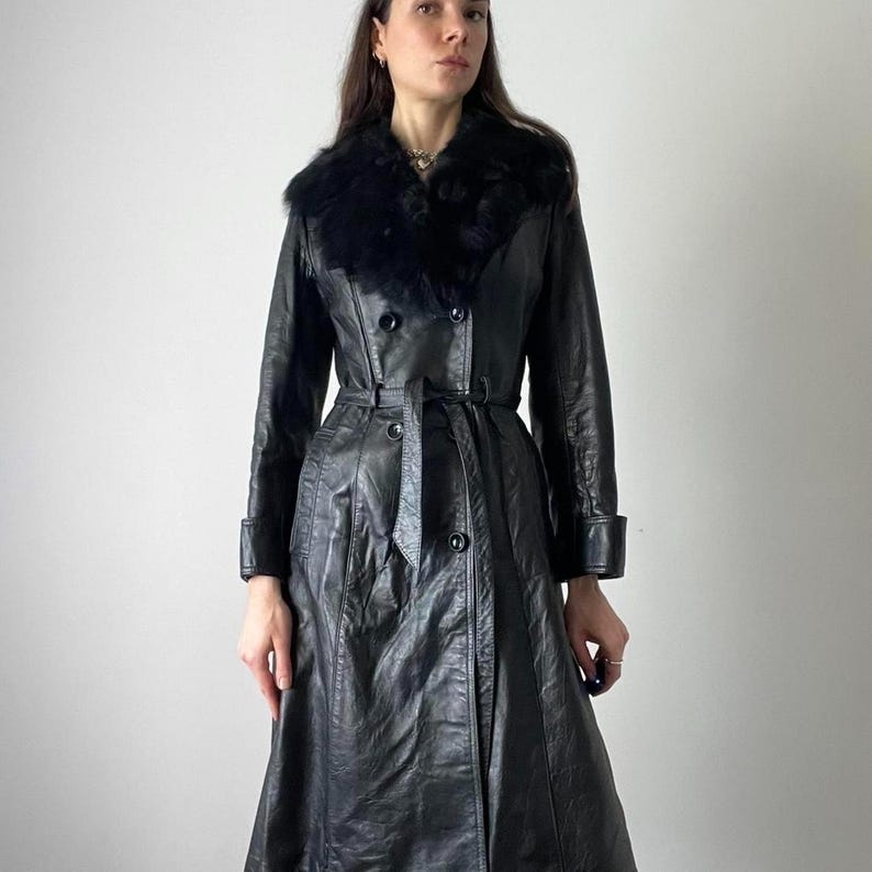 Handmade Sheepskin Leather Trench Coat: Fox Fur Collar, 70s Style