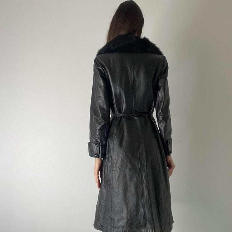 Handmade Sheepskin Leather Trench Coat: Fox Fur Collar, 70s Style