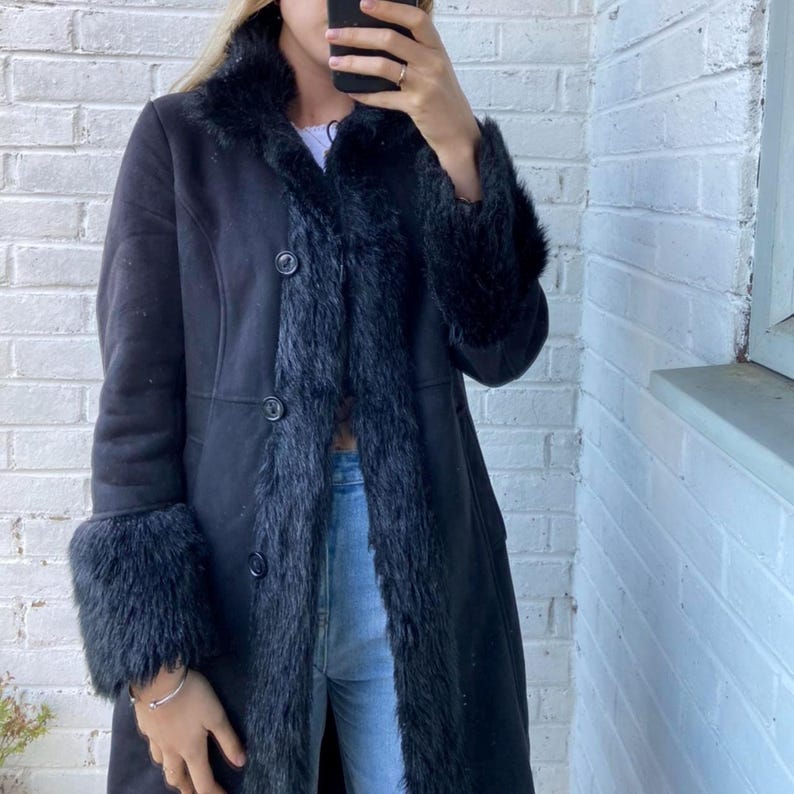 70s Black Suede Afghan Coat: Genuine Fur Trim, Penny Lane Style
