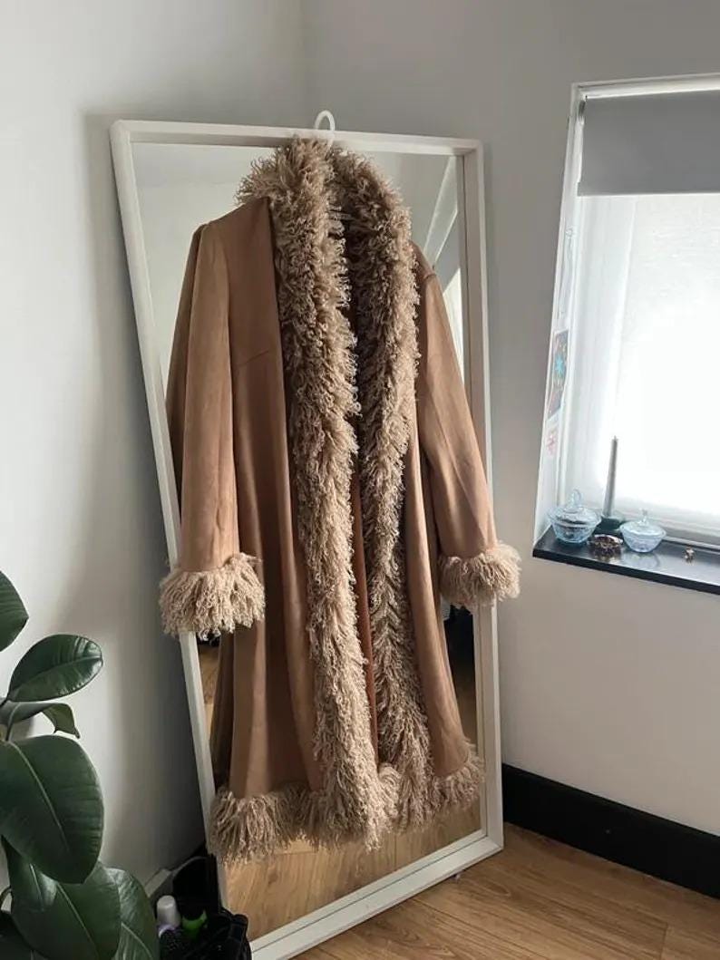 Handmade 70s Mongolian Fur Trimmed Suede Coat: Penny Lane Afghan Style