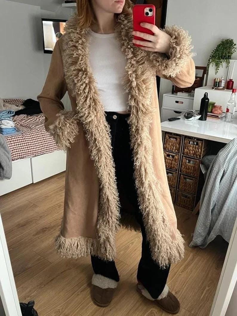 Handmade 70s Mongolian Fur Trimmed Suede Coat: Penny Lane Afghan Style