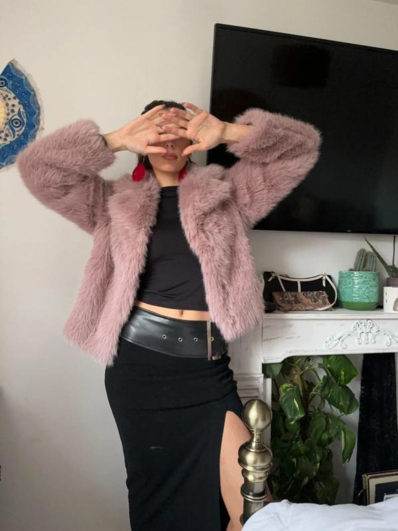 Cropped Faux Fur Jacket: 70s Style Plush Pink Coat