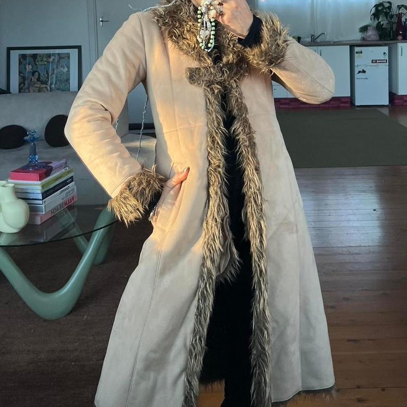 Penny Lane Suede Shearling Coat: 70s Bohemian Fur Trim Winter Coat