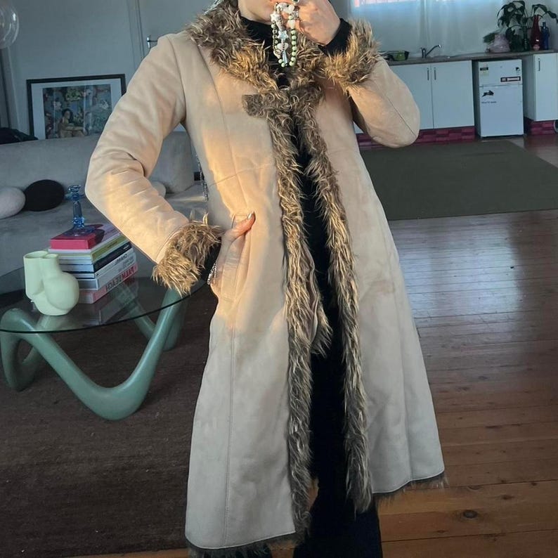 Penny Lane Suede Shearling Coat: 70s Bohemian Fur Trim Winter Coat