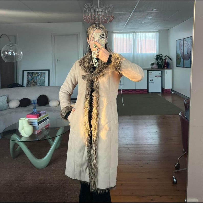 Penny Lane Suede Shearling Coat: 70s Bohemian Fur Trim Winter Coat
