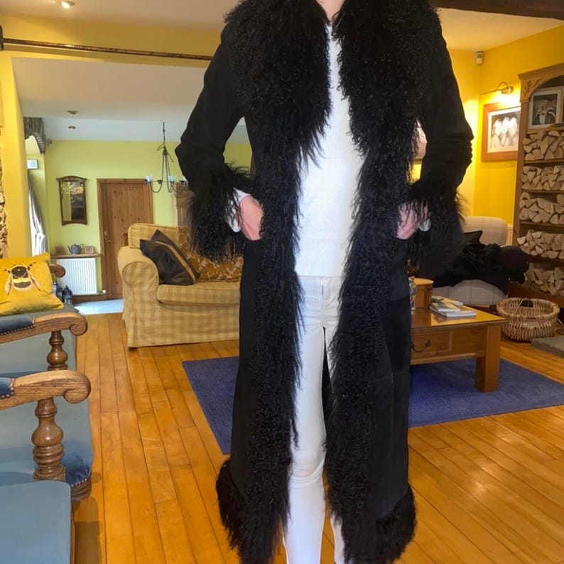 Penny Lane Mongolian Shearling Coat: 1970s Suede Leather Afghan Style