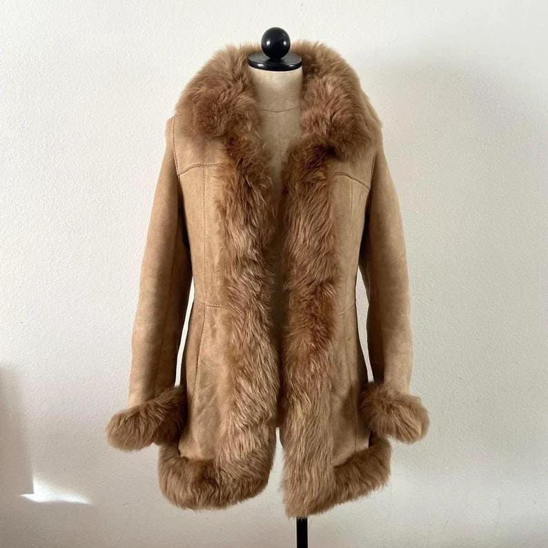 Vintage Suede Leather Shearling Coat: 70s Style Afghan Coat