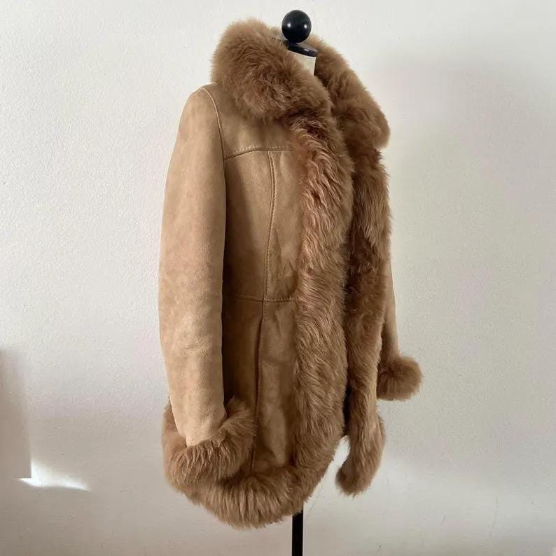Vintage Suede Leather Shearling Coat: 70s Style Afghan Coat