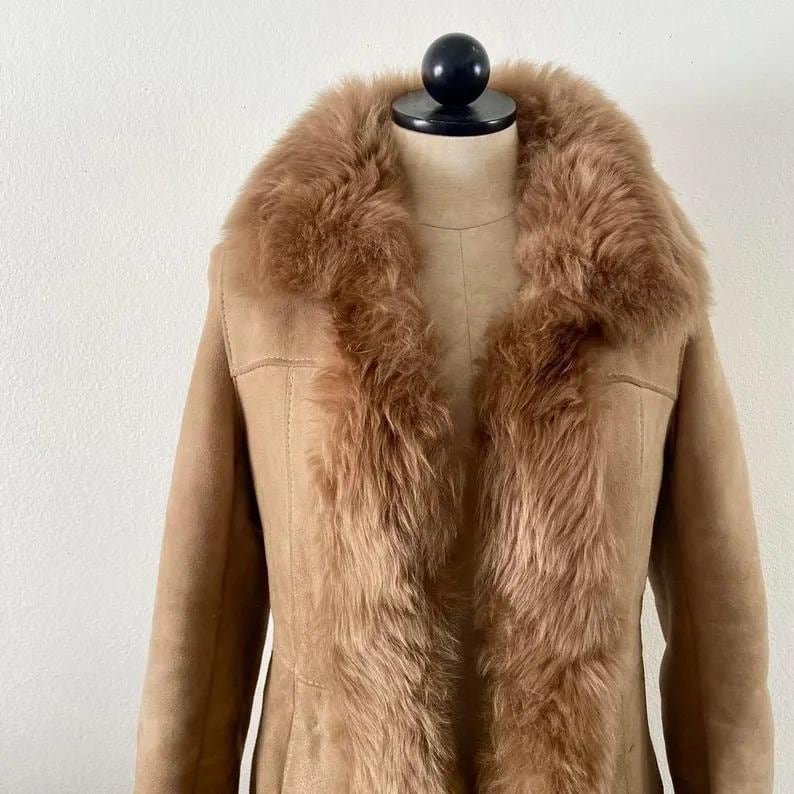 Vintage Suede Leather Shearling Coat: 70s Style Afghan Coat