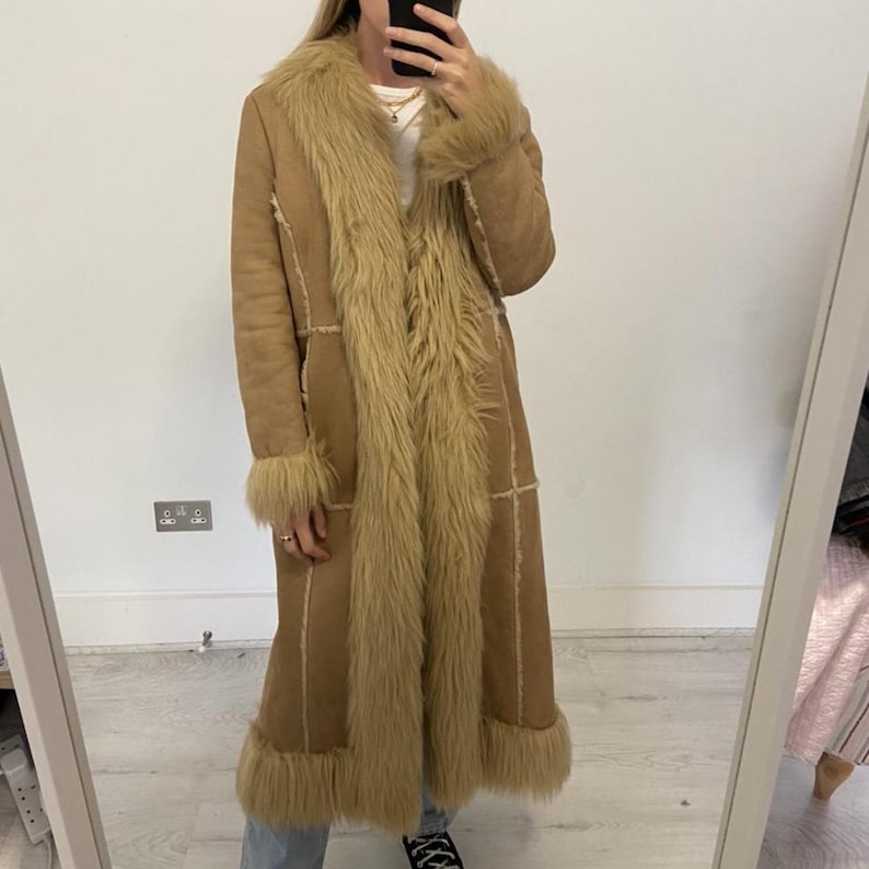 70s Penny Lane Coat: Handmade Suede & Shearling Afghan Fur Trim