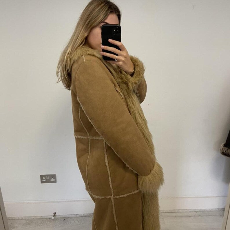 70s Penny Lane Coat: Handmade Suede & Shearling Afghan Fur Trim
