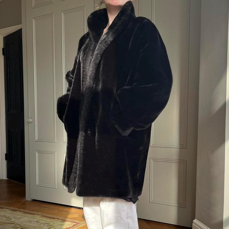 Black Faux Mink Fur Coat: 70s Style Vegan Outwear