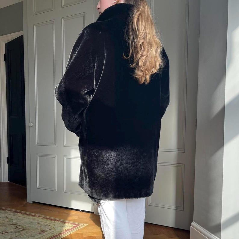 Black Faux Mink Fur Coat: 70s Style Vegan Outwear