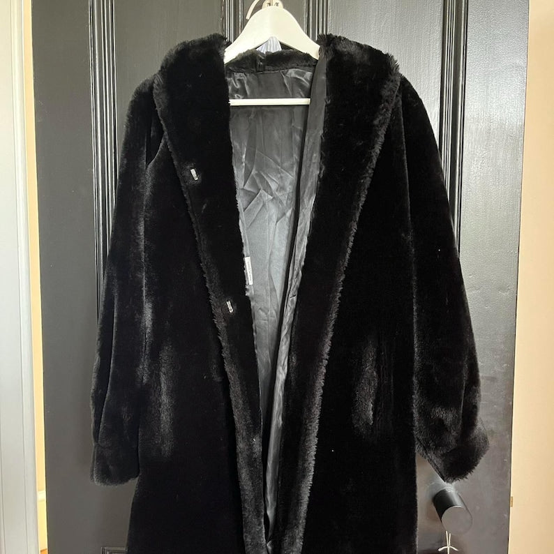 Black Faux Mink Fur Coat: 70s Style Vegan Outwear
