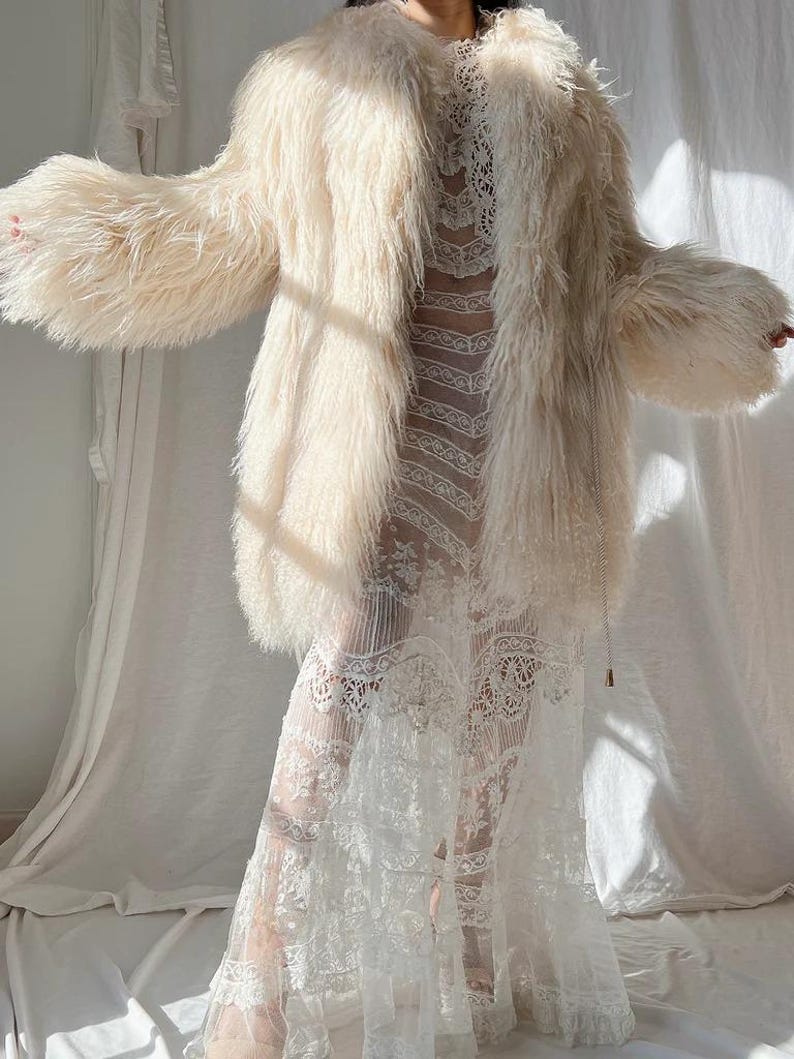 Mongolian Shearling Fur Coat: Cream Lamb Fur, Belted Waist