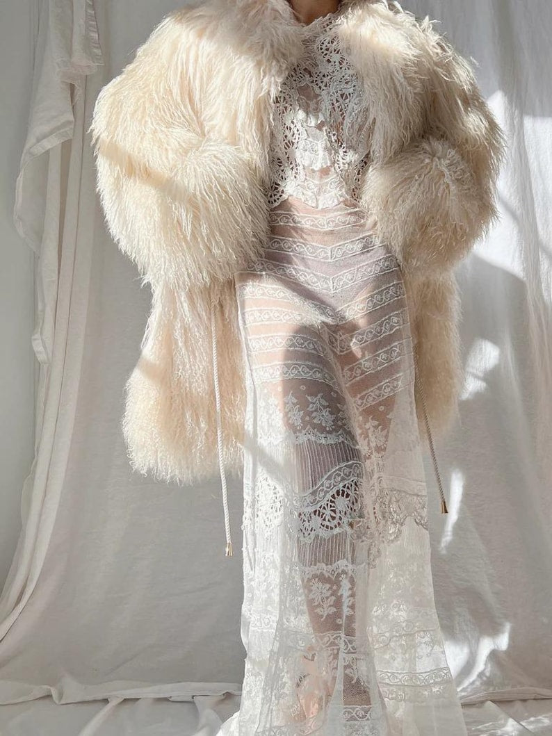 Mongolian Shearling Fur Coat: Cream Lamb Fur, Belted Waist