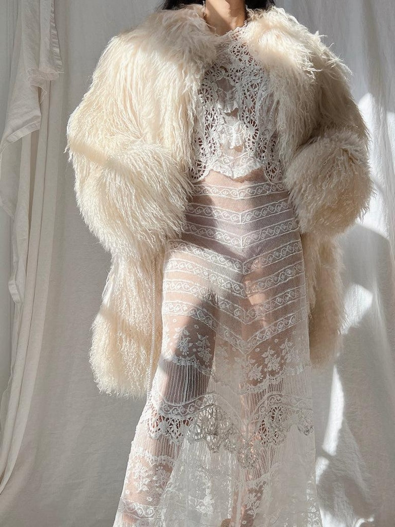 Mongolian Shearling Fur Coat: Cream Lamb Fur, Belted Waist