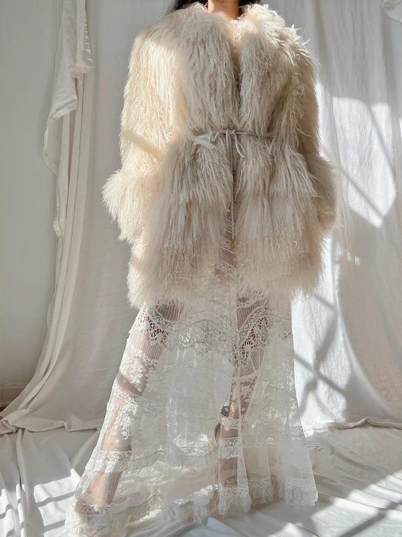 Mongolian Shearling Fur Coat: Cream Lamb Fur, Belted Waist
