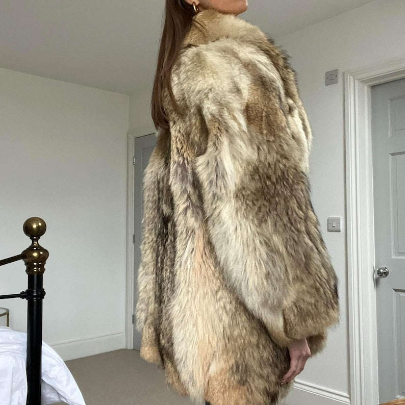 Genuine Fox Fur Collar Shearling Coat - 70s Style