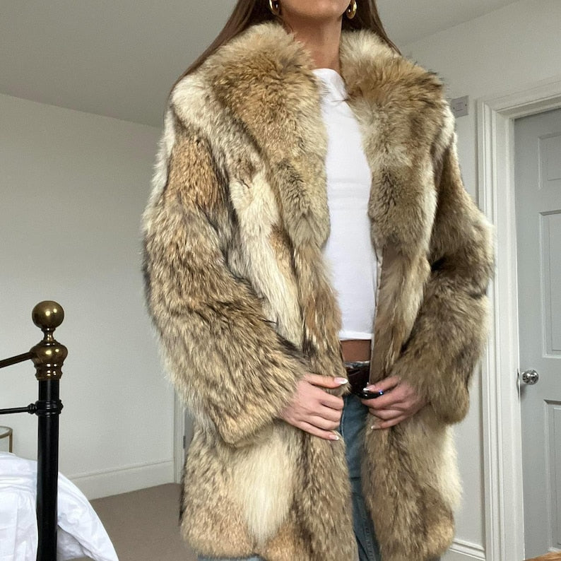 Genuine Fox Fur Collar Shearling Coat - 70s Style
