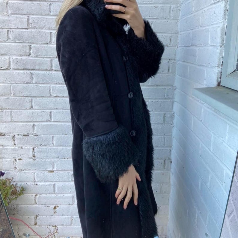 70s Black Suede Afghan Coat: Genuine Fur Trim, Penny Lane Style
