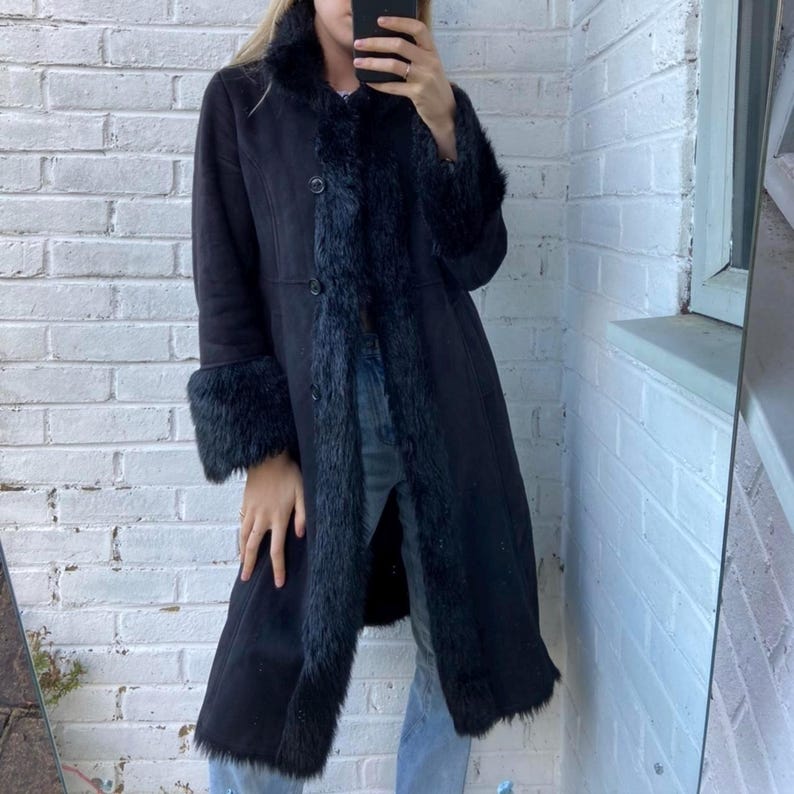 70s Black Suede Afghan Coat: Genuine Fur Trim, Penny Lane Style