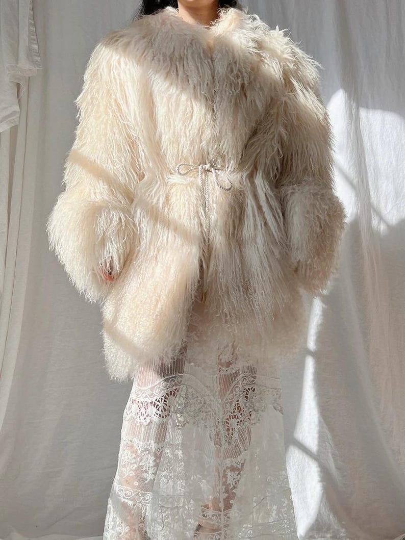 Mongolian Shearling Fur Coat: Cream Lamb Fur, Belted Waist
