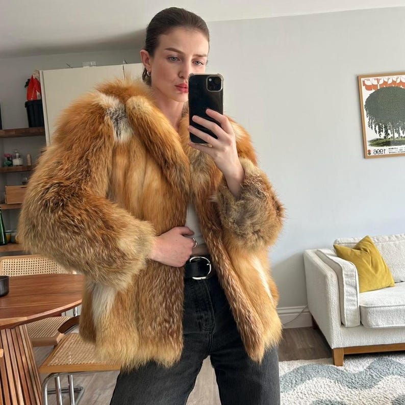 Vintage Red Fox Fur Coat: Oversized Luxury Winter Jacket