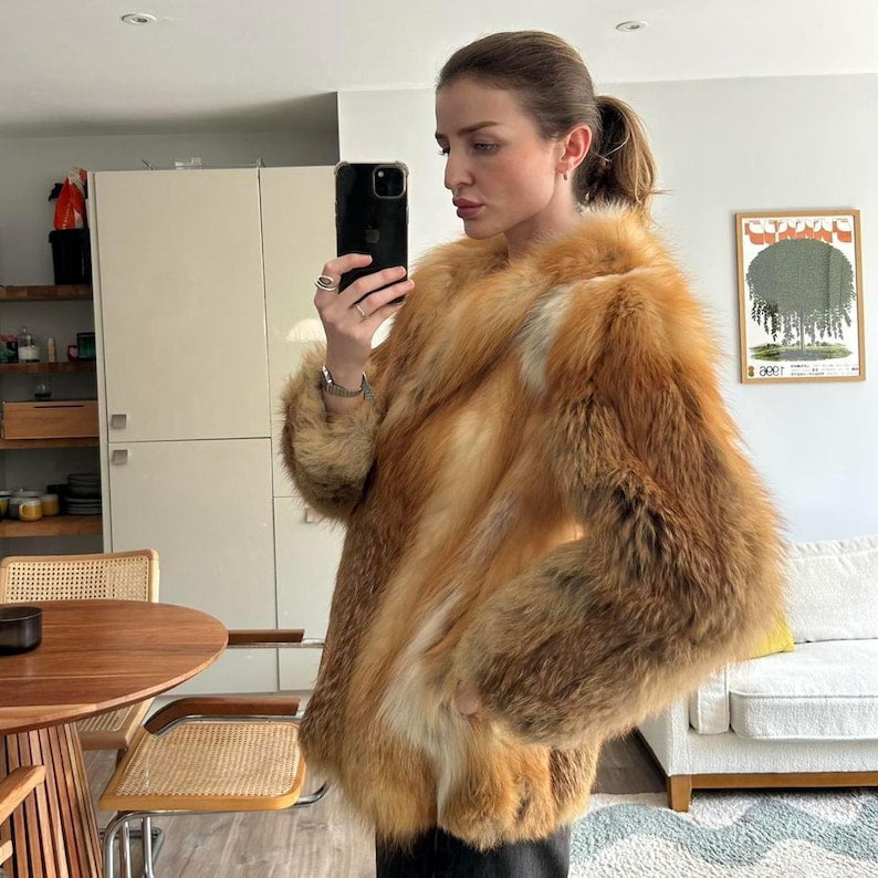 Vintage Red Fox Fur Coat: Oversized Luxury Winter Jacket