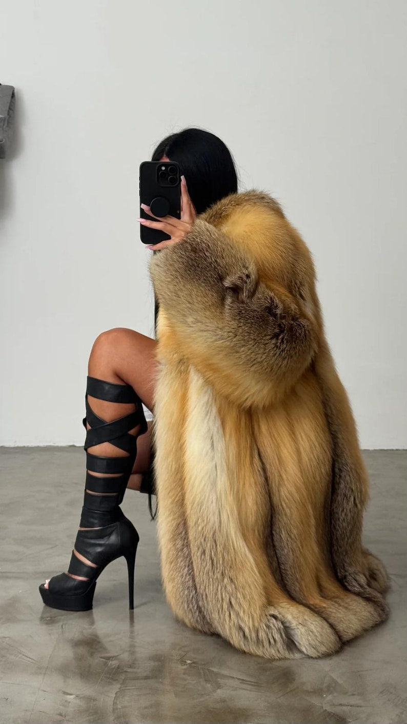 Genuine Fox Fur Long Coat Real Mink Fur Coat Handmade Outwear Coat